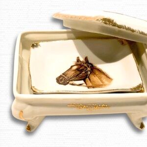 Antique Porcelain Box & Trays, Hand Painted Horses Gold Leaf, Old Money Gift EUC